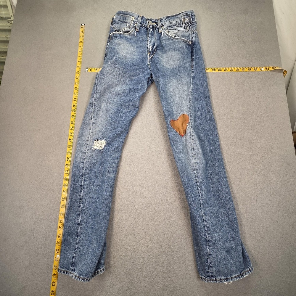 Levis Jeans Womens Blue Straight Slim Distressed Patchwork Twisted Fits 26x30